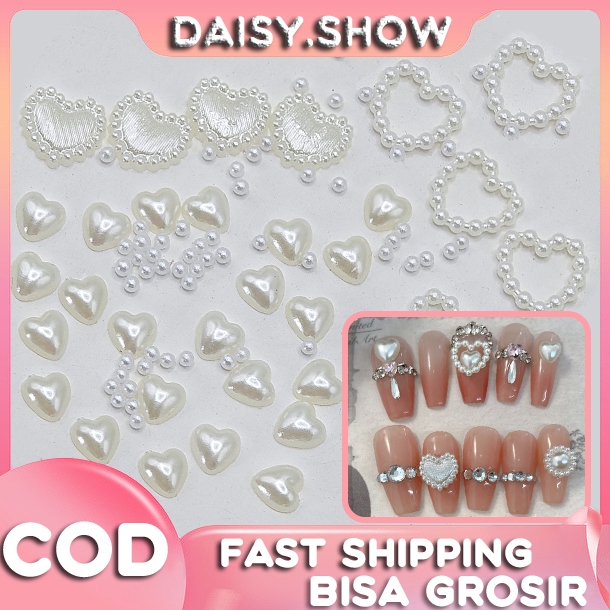 6 Solt/Set Aksesoris Kuku Pearls Bows Love Perhiasan Dekorasi Kuku Mutiara Bentuk Pita Hati Berlian 