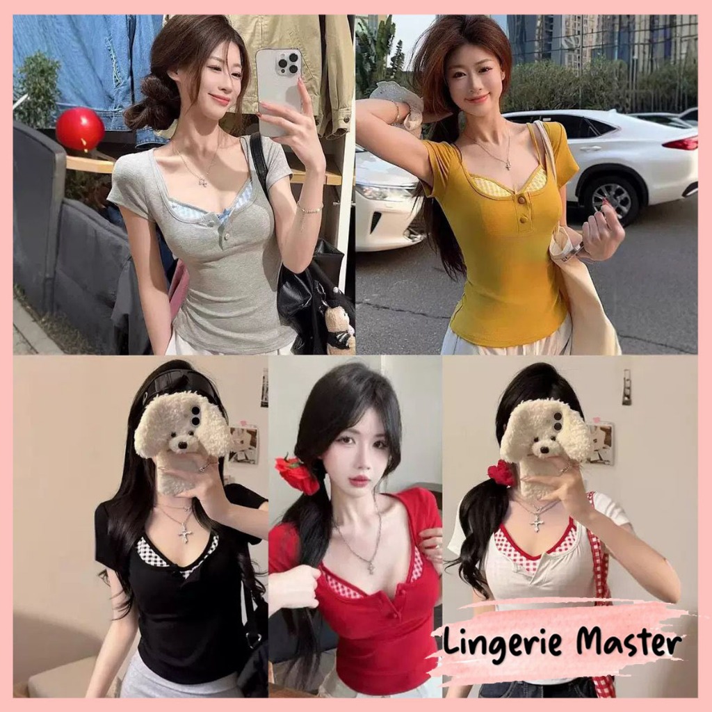 [ LINGERIE MASTER ] - (B-201) Tanktop Fashion Wanita Motif 2 Layer Depan Kotak Kancing Aktif Elastis