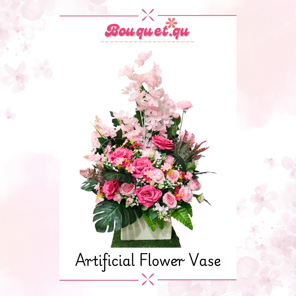 Artificial Flower Vas (Vas Bunga Imitasi) Vas Keramik Mawar Pink, Buket Hadiah, Bunga Buket Tahan La