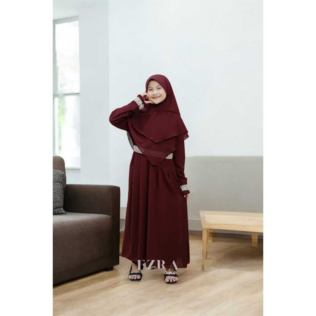 Almira Busana Gamis Anak Perempuan Malaysia Trend 2025-2026 Bahan Ceruty Mix Renda Cantik 5-13 Tahun