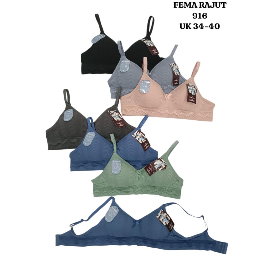 BRA BH FEMA RAJUT IMPORT TANPA KAWAT CUP B No 34-40 3kait motif Renda salur adem lembut murah premiu