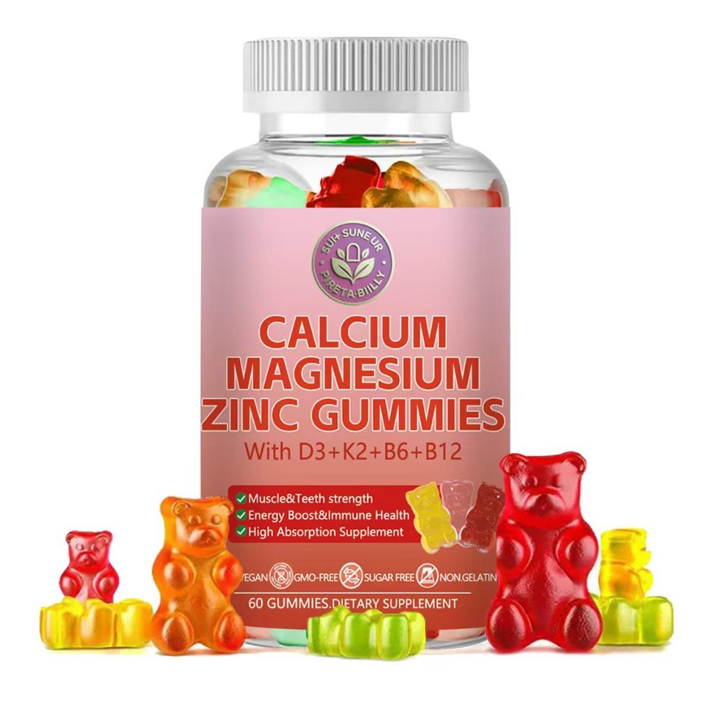 Calcium Magnesium Zinc Gummies 60pcs with Vitamin D3 K2 B6 B12 Supports Bone Health, Nerve Immune Fu