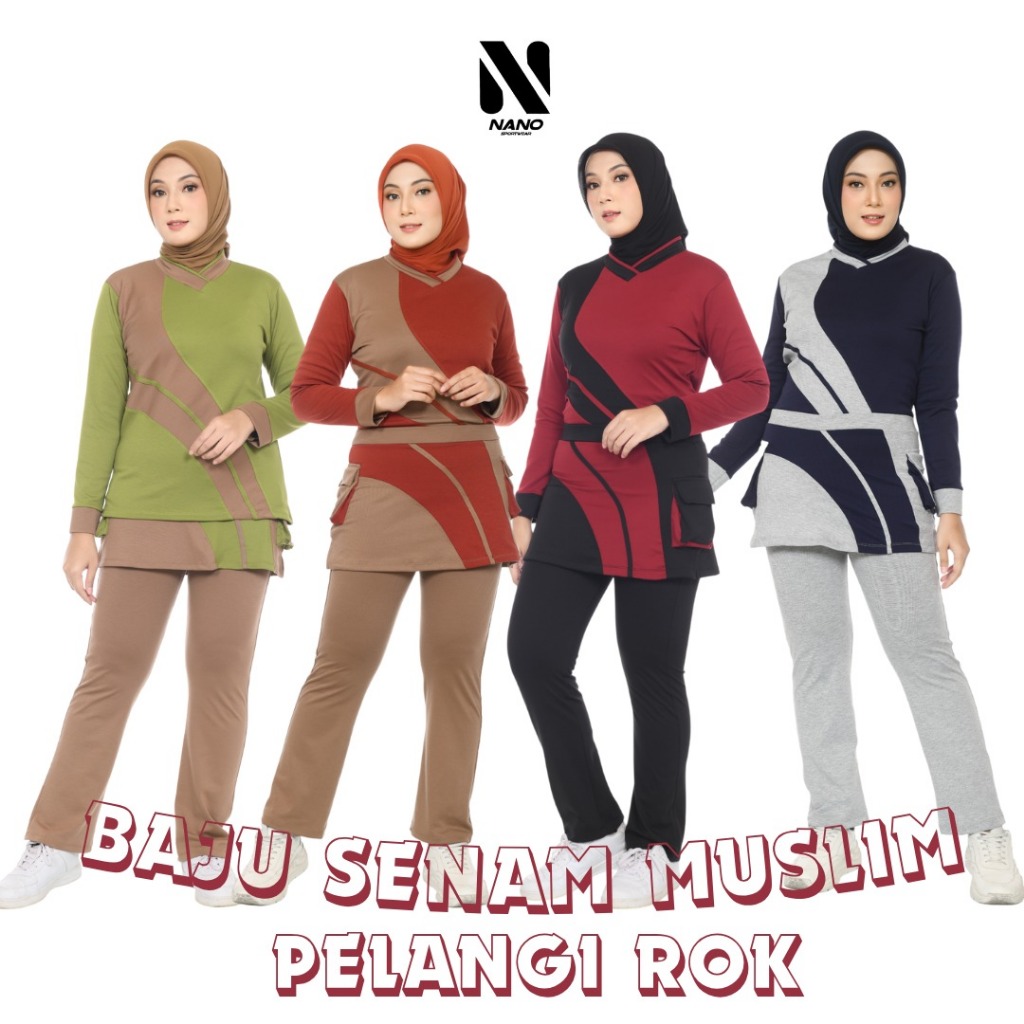 Nano Sportswear Baju Senam Muslim Pelangi Rok / Baju Senam Muslim Wanita / Baju Olahraga Wanita