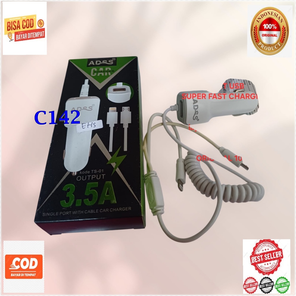 C142 ORI 100% ADAPTOR ADSS SAVER 3.5A 3IN1 3A CAR CHARGER SPIRAL SPRING TRAVEL ADAPTER CAS CASAN MOB