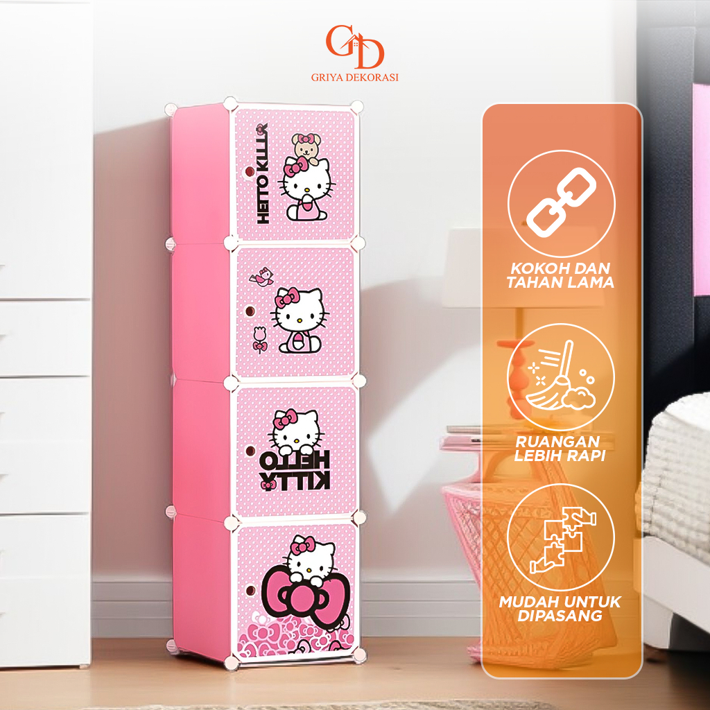 Lemari Baju 4 Pintu Plastik Pakaian Rak Karakter Mudah Bongkar Pasang Serbaguna Lemari Portable