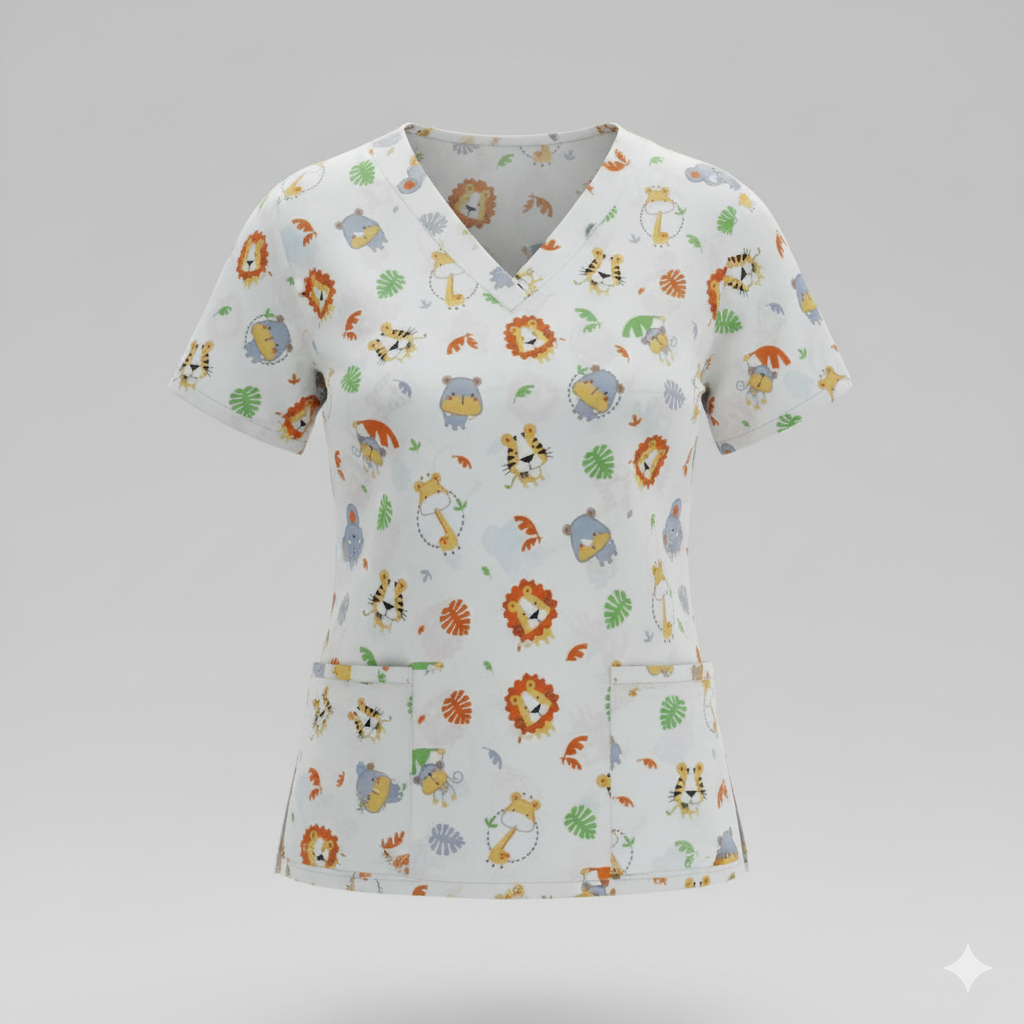 Baju jaga dokter / Baju perawat / Baju KoAs motif karakter hewan warna cream