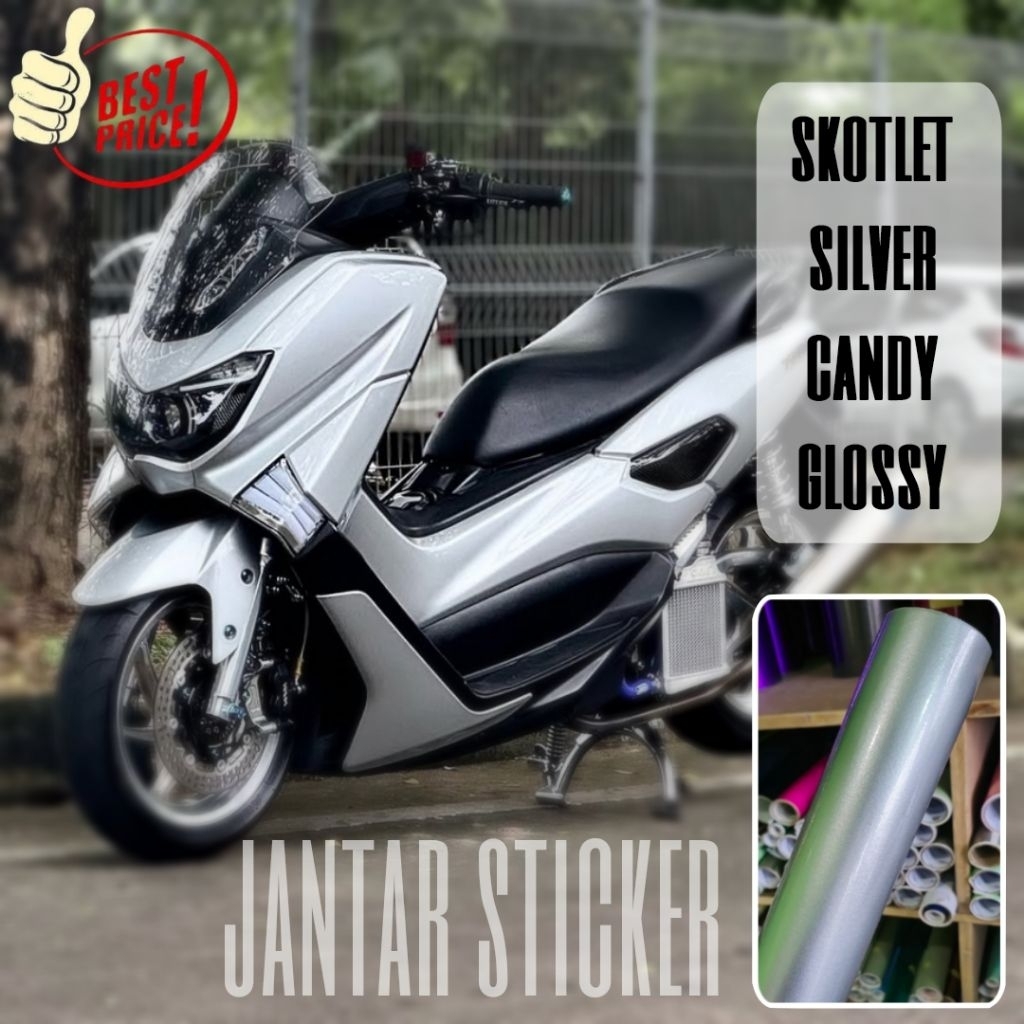Sticker Scotlite Silver Candy Glossy Lebar 50 cm Untuk Motor Stiker Skotlet Motor Warna Silver Metal