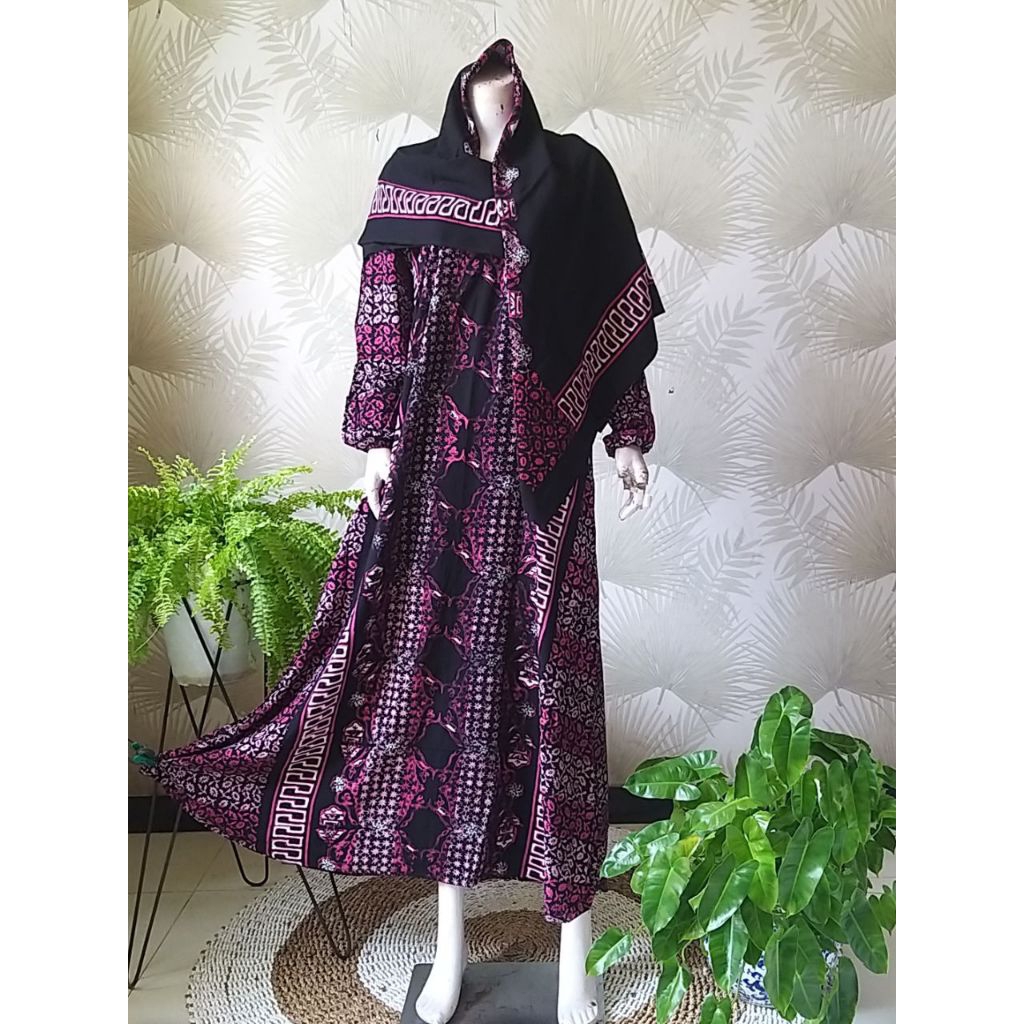 MULTINESIA Gamis Set Hijab Batik Cap Pekalongan Ld 126 Pb 138 Rayon Jumbo Busui Kerudung Daily Dress