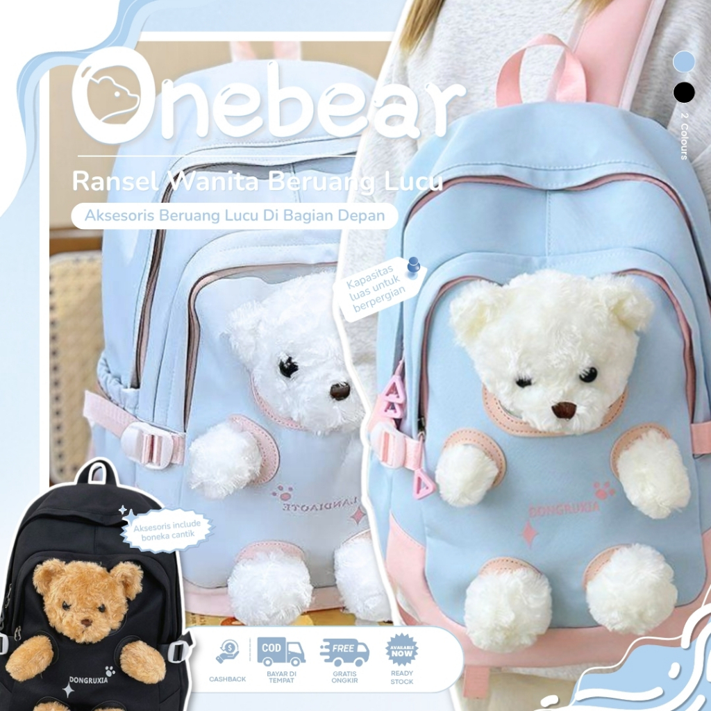 Onebear Model Baru Tas Ransel Beruang Imut, Perempuan, Pelajar, Boneka Bulu Kartu Imut, Kapasitas Be