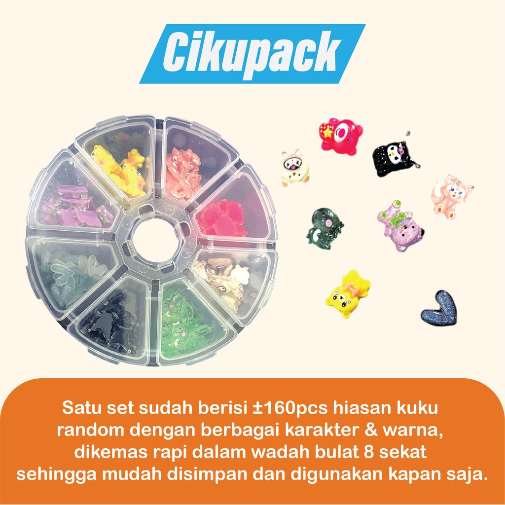 Paket Hiasan Nail Art Akrilik Resin ±160pcs Random Karakter + Wadah 8 Sekat