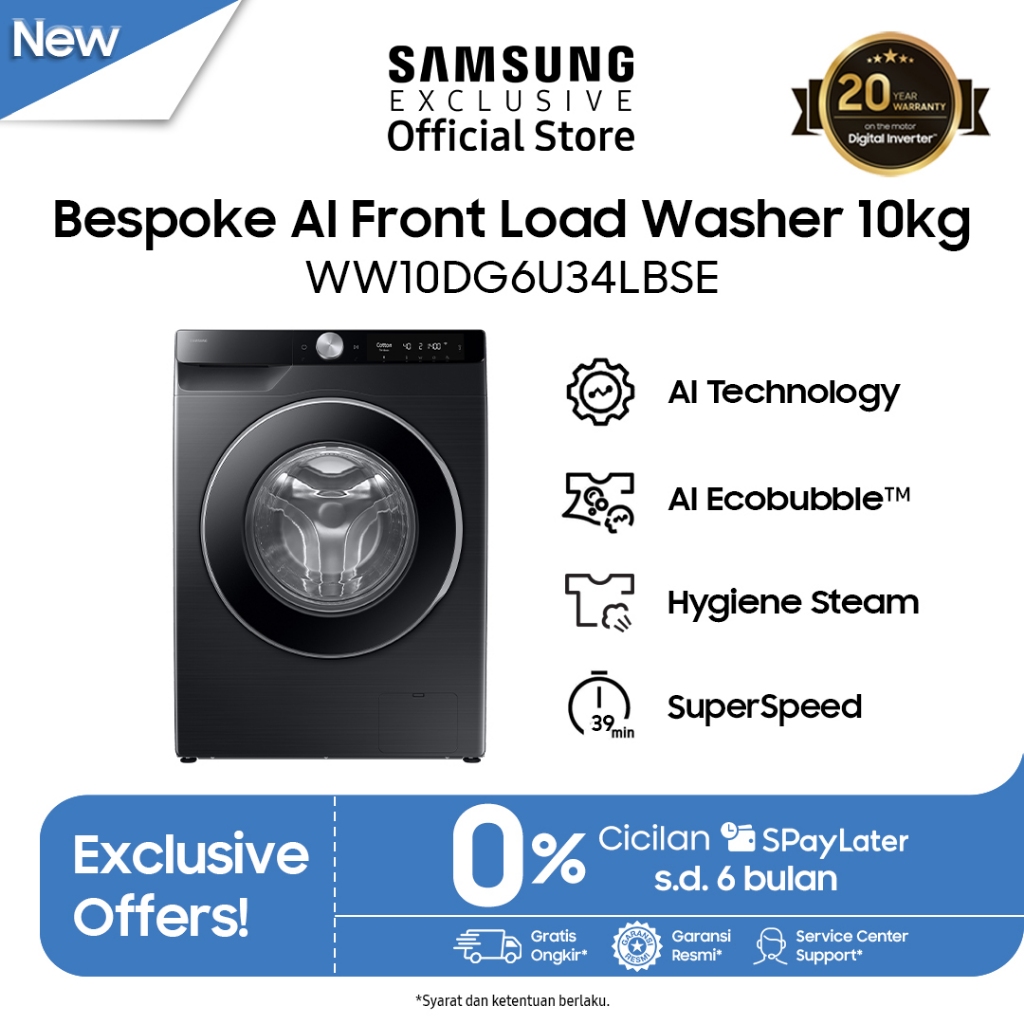 Samsung Bespoke AI Front Load Washer 10kg - Black | Mesin Cuci  | EcoBubble | WW10DG6U34LBSE