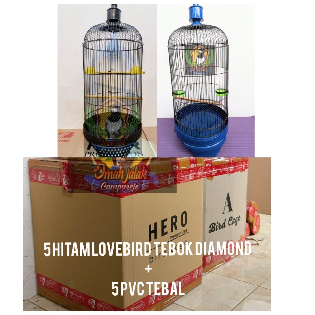 Paket hemat sangkar Lovebird FULLSET, 5 HITAM tebok diamond batik bintang + 5 tebok PVC WARNA  D33 F
