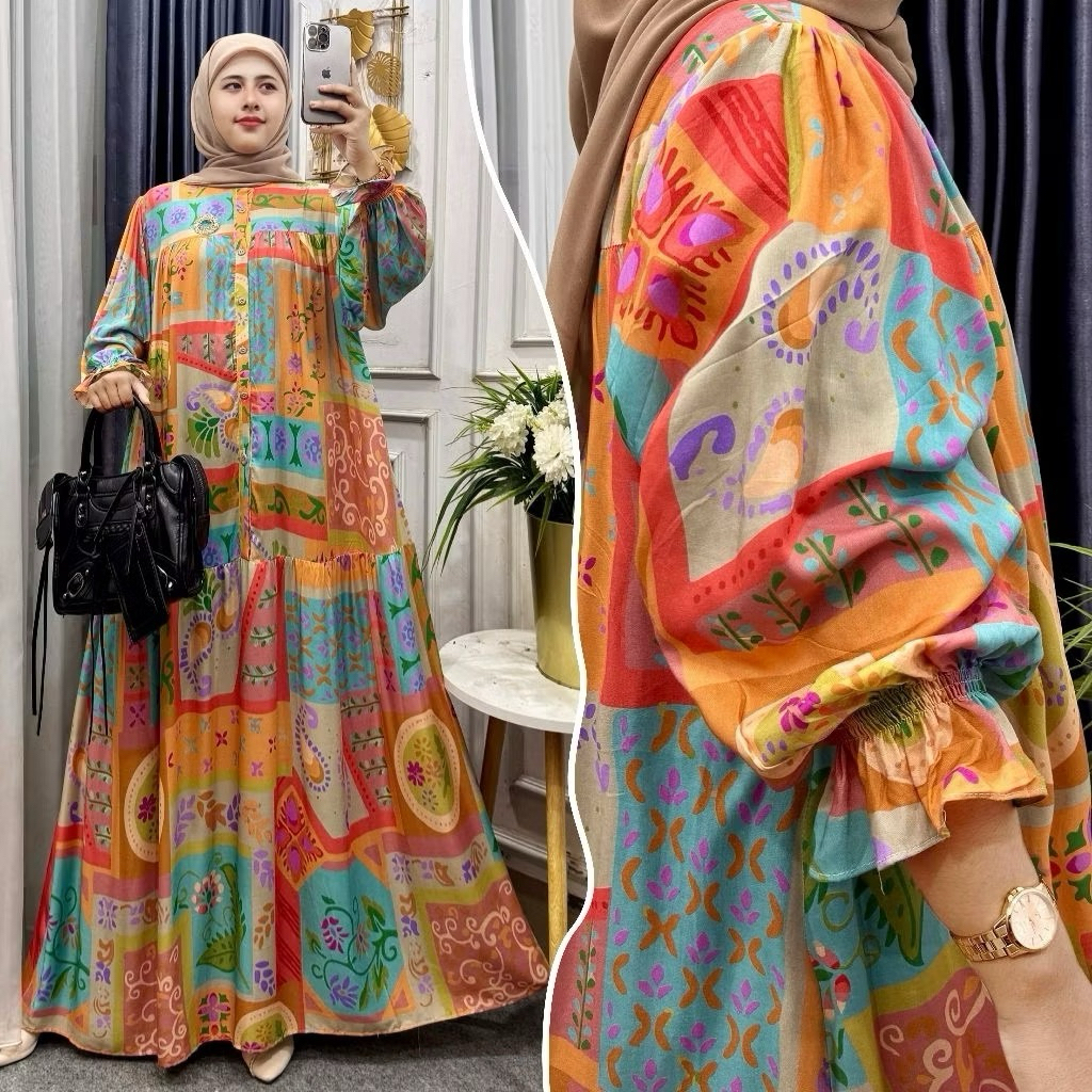 Gamis rayon premium/Gamis lengan balon/Dress arista kekinian