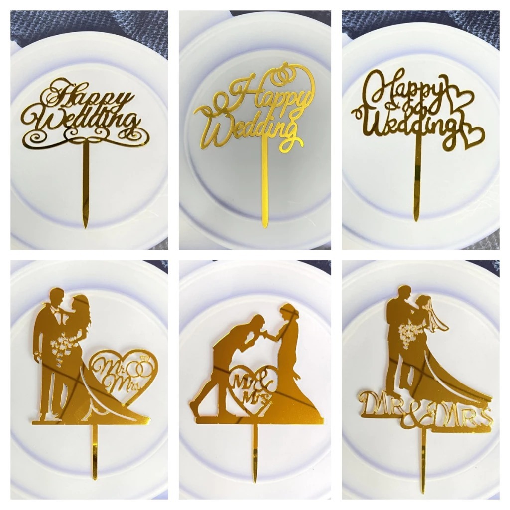 TOPPER GOLD HAPPY WEDDING 10CM/ HAPPY WEDDING TOPPER CAKE ACRYLIC