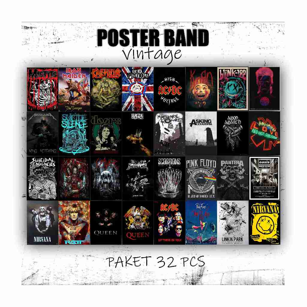 Poster Band Metal Rock Vintage Isi 32 PCS Poster Kamar Aesthetic Poster Vintage Poster Band Walldeko