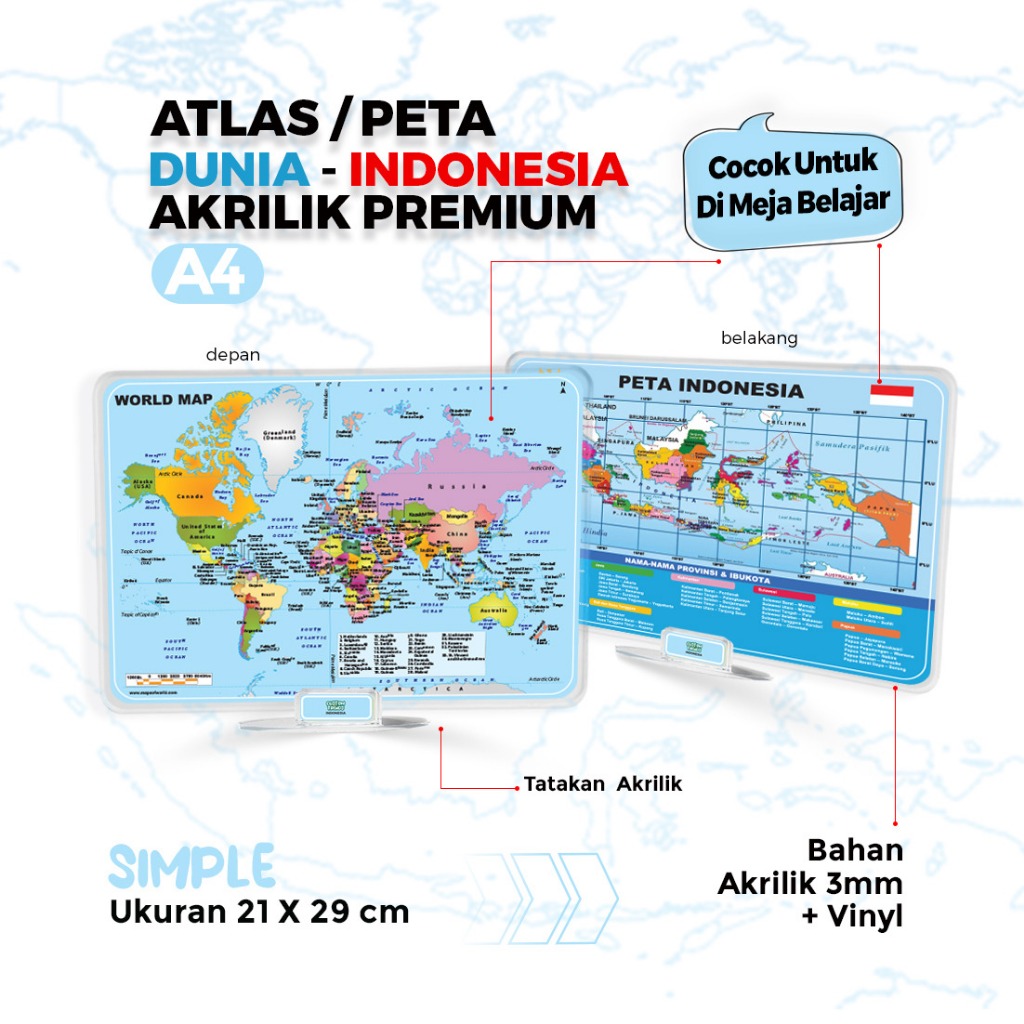 Atlas / Peta Dunia - Indonesia Bahan Akrilik Premium 3mm + Vinly ( 21 x 29 cm A4 ) & Tatakan Akrilik