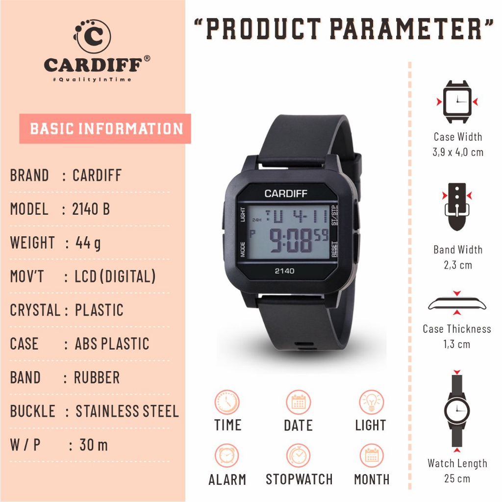 CARDIFF Jam Tangan LCD Karet 2140 2140B | Pria Wanita | Tahan Air | 3ATM