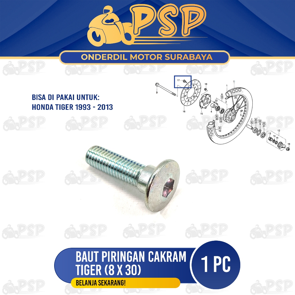 Baut Piringan Cakram Tiger (8x30) - Baud Disk Tromol Cakram Depan Honda Tiger 2000 Tiger Revo Tirev