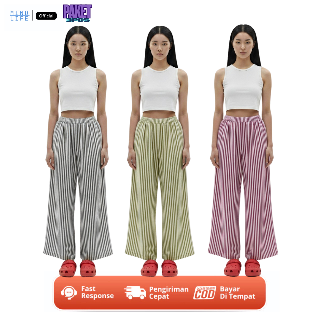Mindlife - PAKET 3PCS KULOT STRIPE Kulot Premium Motif Garis Kulot Highwaist Kulot Garis Warna-Warni