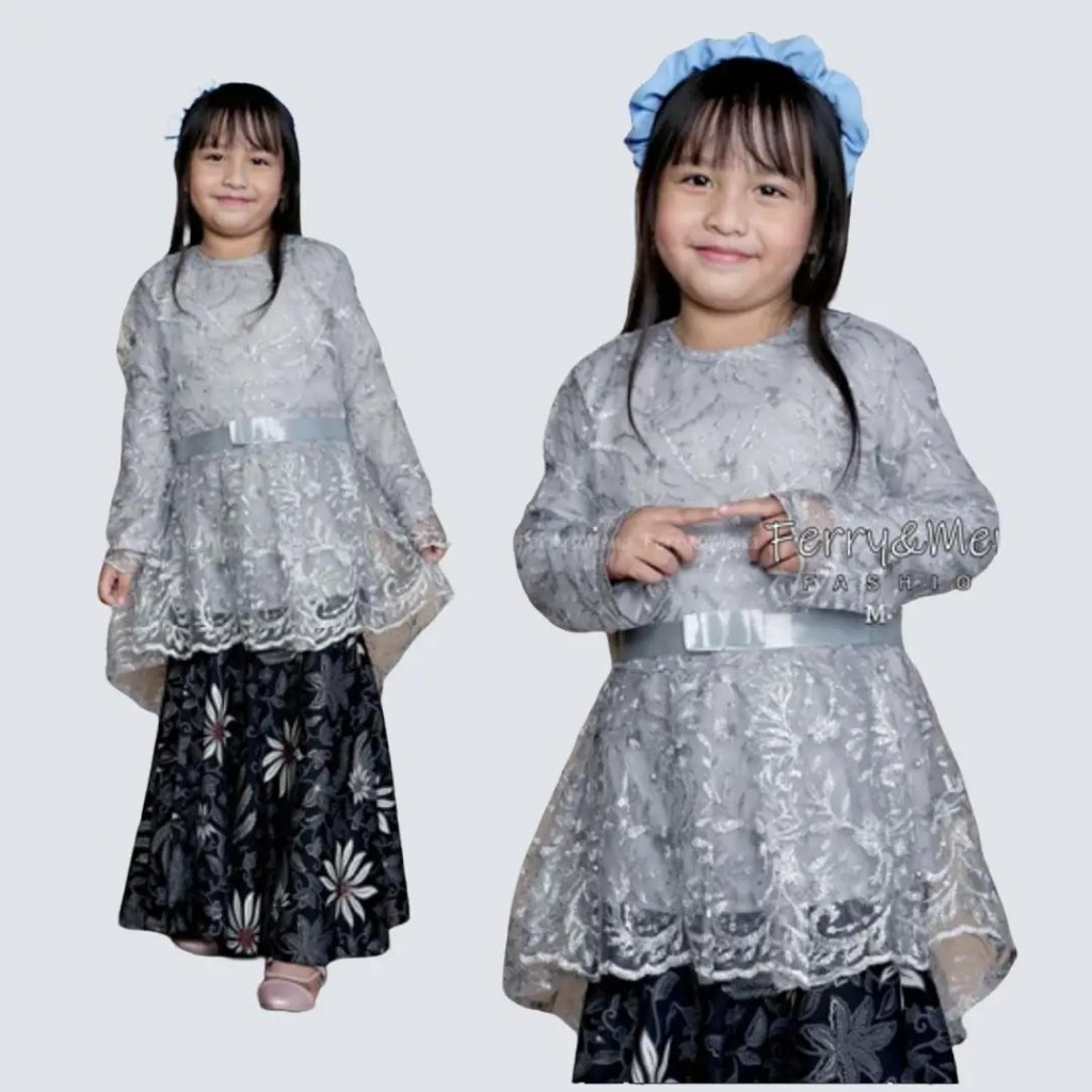 Setelan Kebaya Anak Perempuan Aurora Terbaru Bahan Brukat Warna Silver
