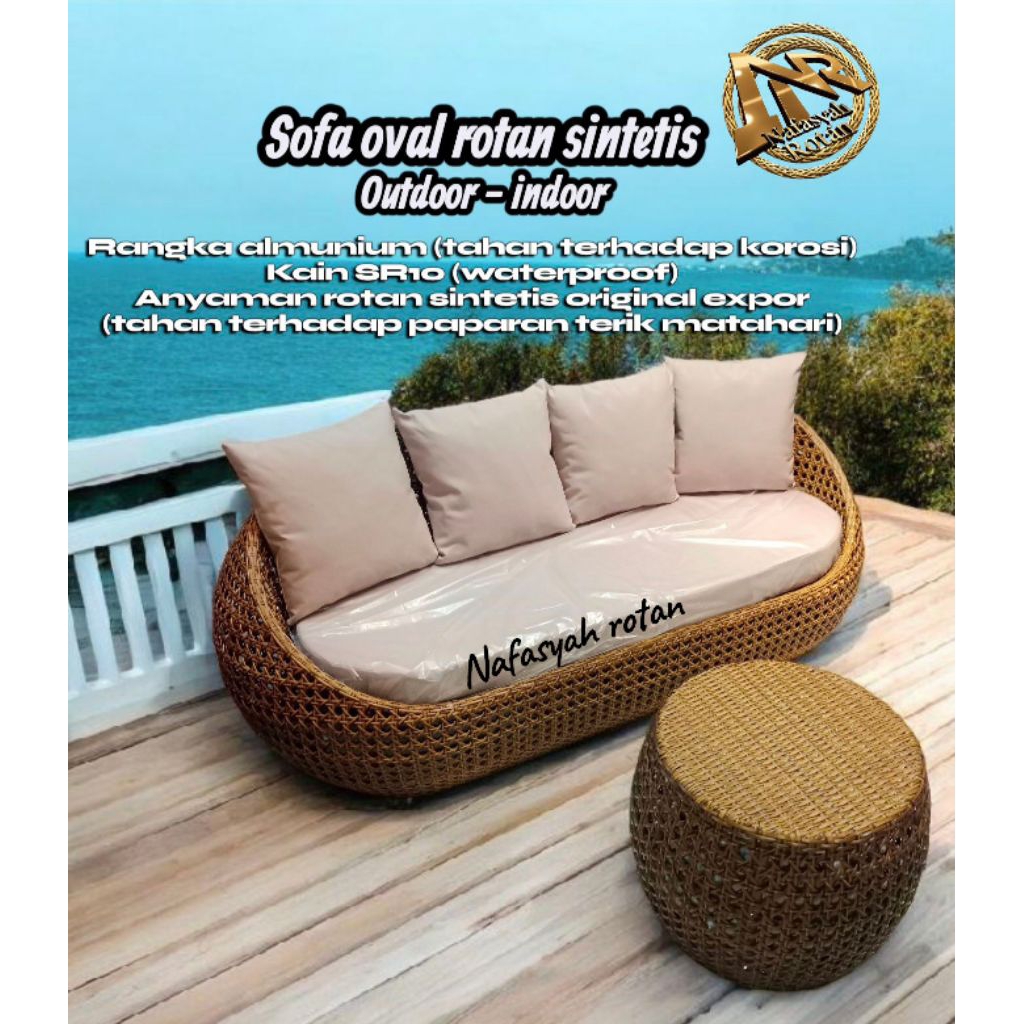 sofa oval rotan sintetis rangka aluminium panjang 180 cm