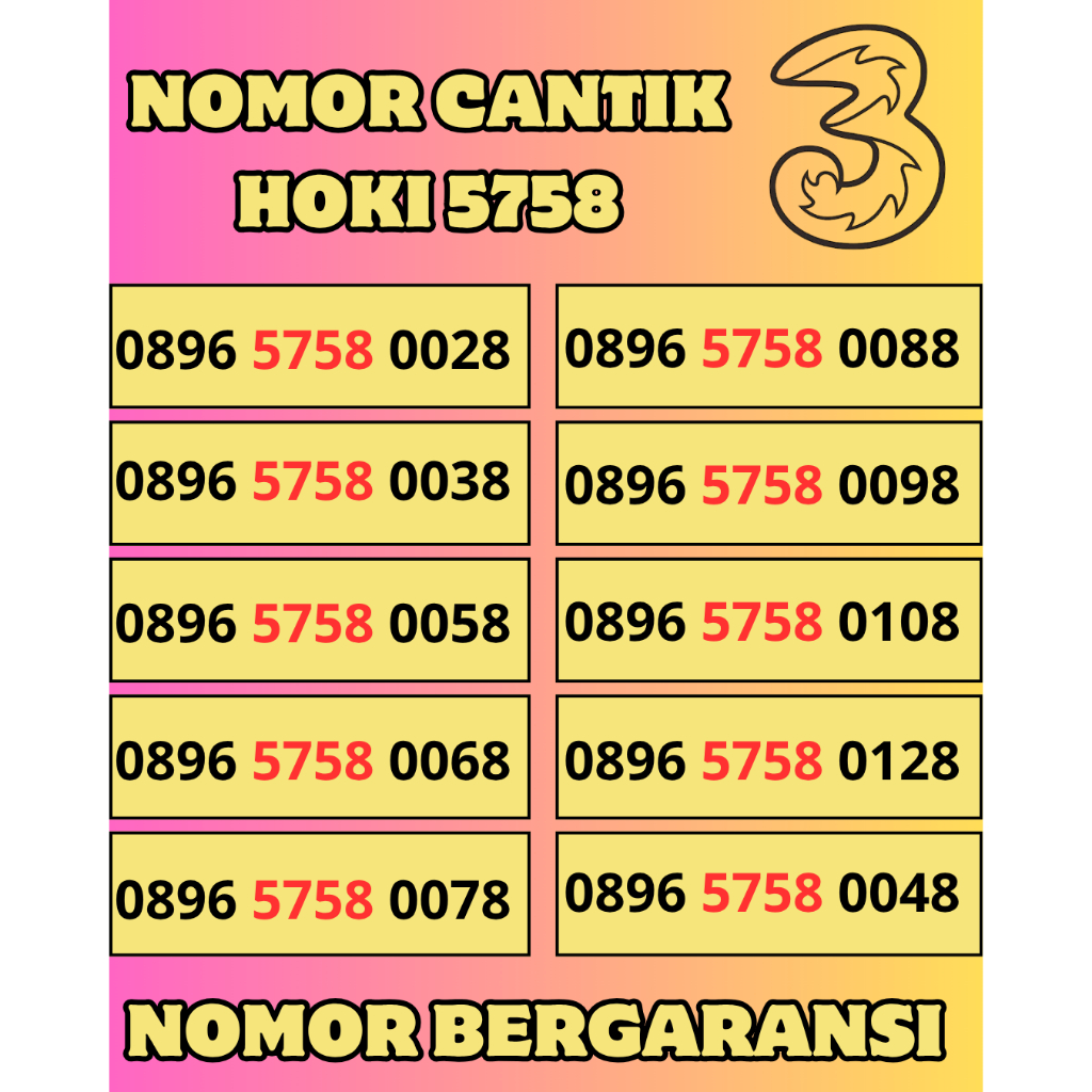 Kartu Perdana Tri Nomor Cantik Seri Hoki 5758 Terbaru