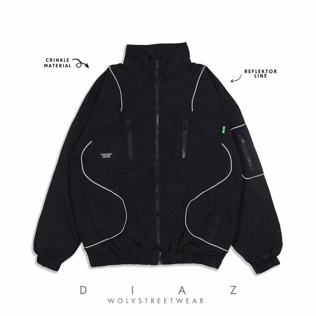 WOLV - Jaket Tracksuit Reflektif Parasut Crinkle DIAZ  Crinkle Jaket Reflektif | Cocok Kasual Jaket 