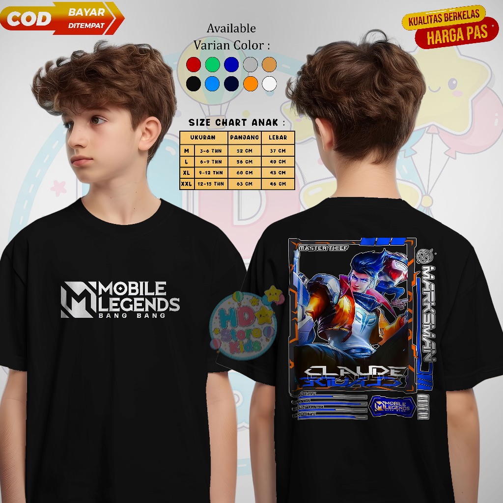Baju Kaos Distro Anak2 Laki - Laki Usia 3-10 Tahun / M-L-XL-XXL / MOBILE LEGENDS / CLAUDE (01)