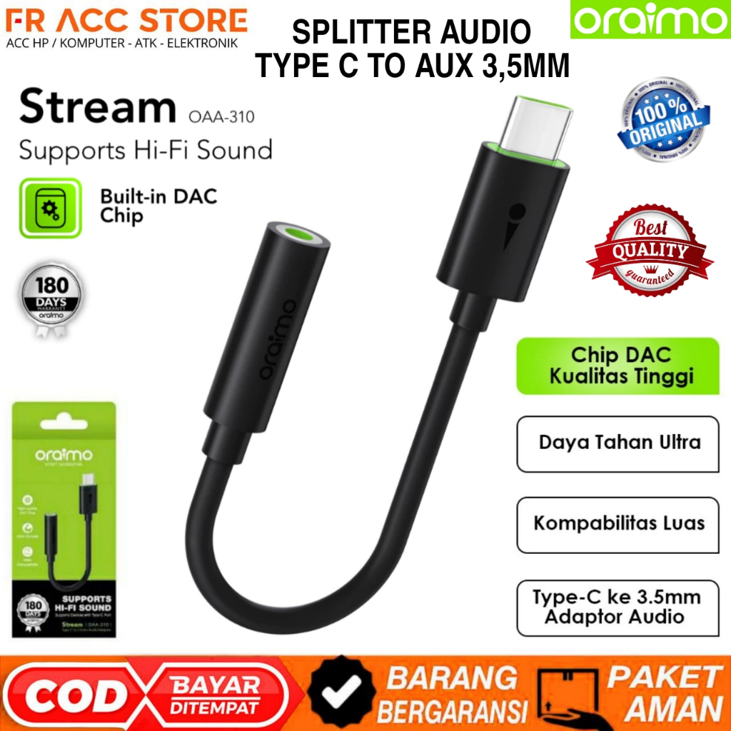 Splitter AUDIO TYPE C TO AUX 3,5mm Oraimo OAA-310 DAC Chip SPLITTER TYPE C TO 3,5MM DAC HIFI HD SOUN