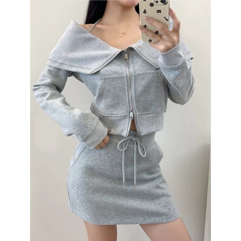 ONE SET CROPE ROK PENDEK |  DOUBLE ZIP | CUT ONE SET | SET WANITA