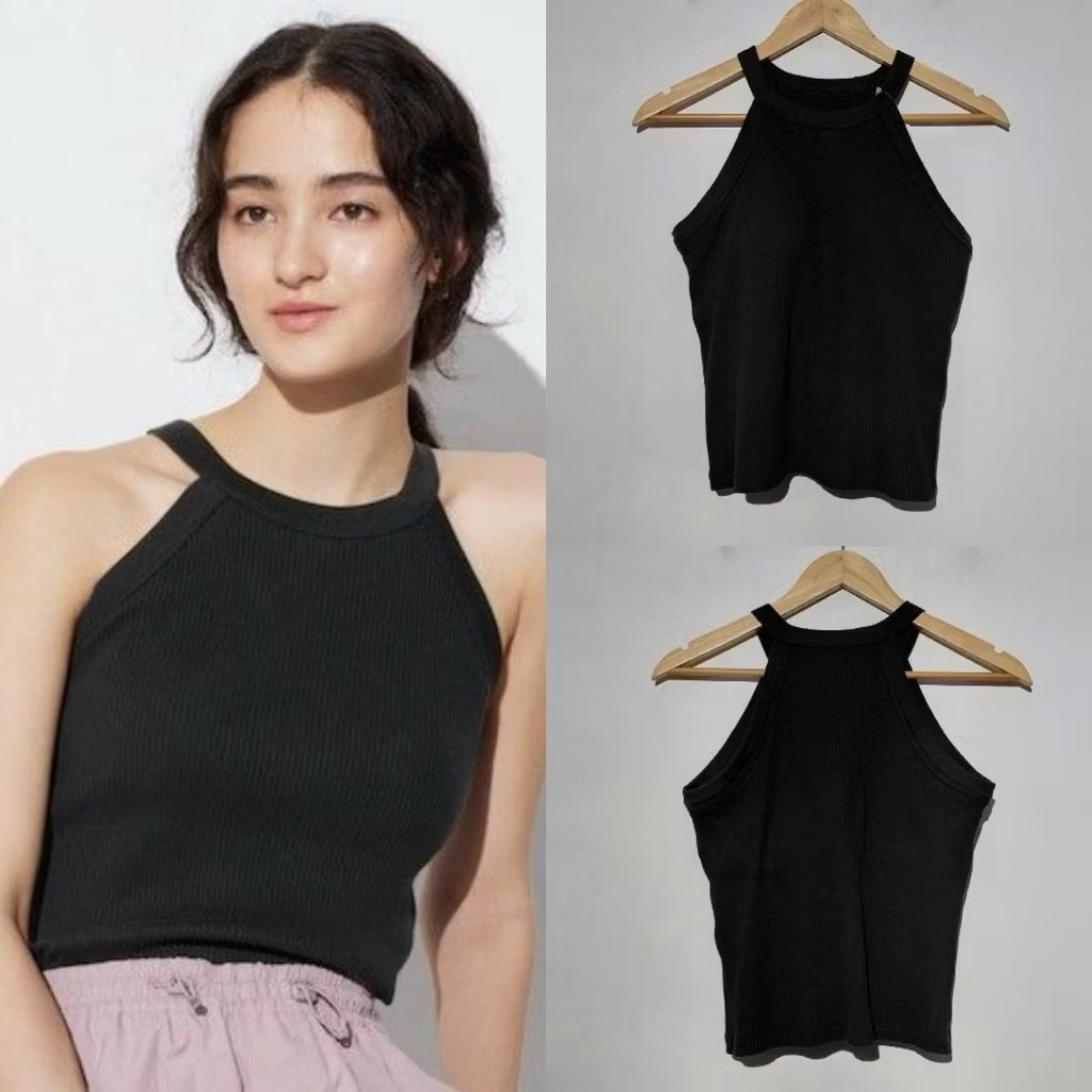 UNIQLO ATASAN BRA KERAH HALTER TANPA LENGAN TOP HITAM BARU ASLI ORIGINAL