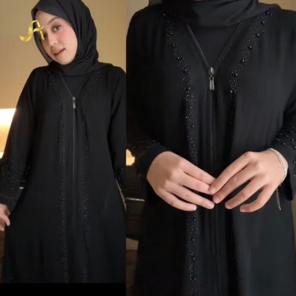 Noura Black Pearl Abaya with Zipper Elegant
