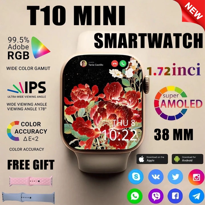[COD] Smart Watch T10 Mini 1.72 Inci 38mm GPS NFC Waterproof Bluetooth Call Jam Smartwatch Wanita Pr