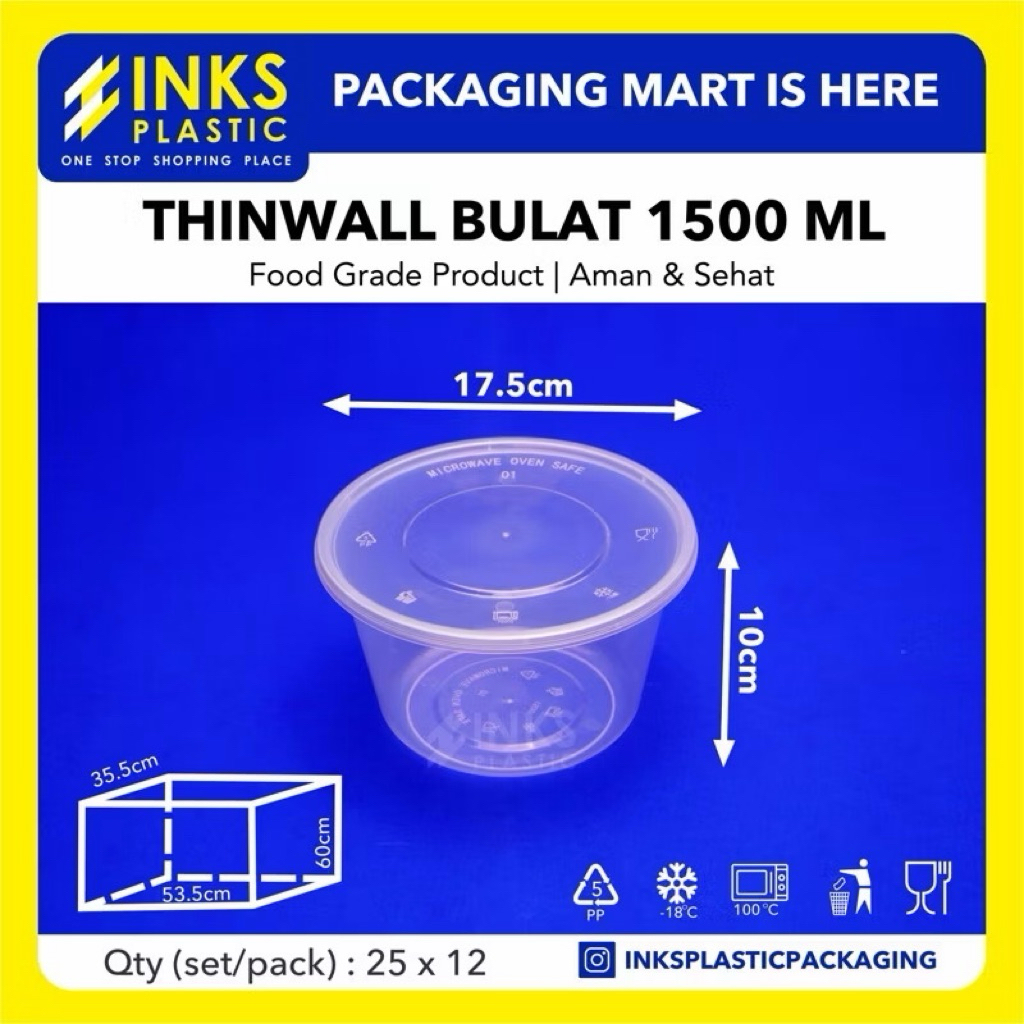 THINWALL 1500 ML BULAT ROUND MANGKOK BULAT PLASTIK  1500ML ( 25 PCS )