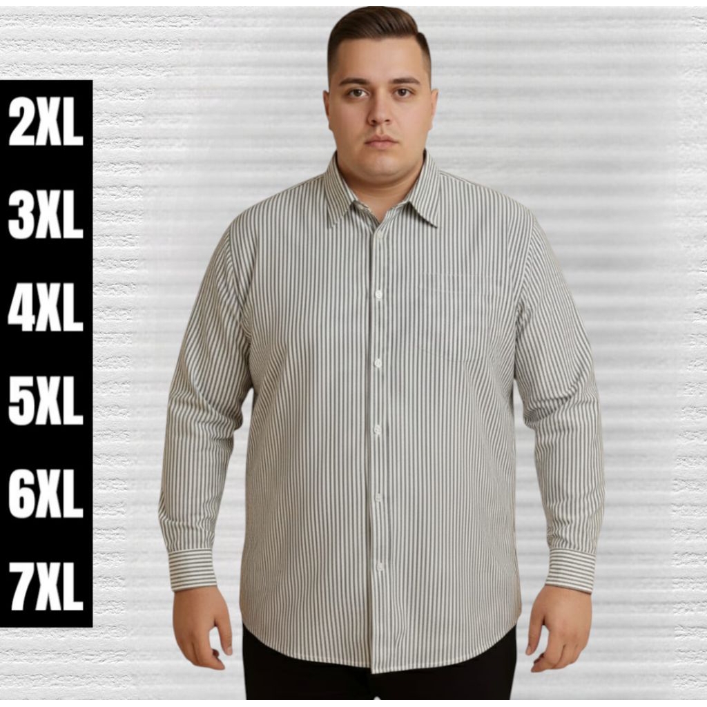 Terbaru Kemeja Salur Pria Jumbo Lengan Panjang Motif Stripe Garis garis Bigsize