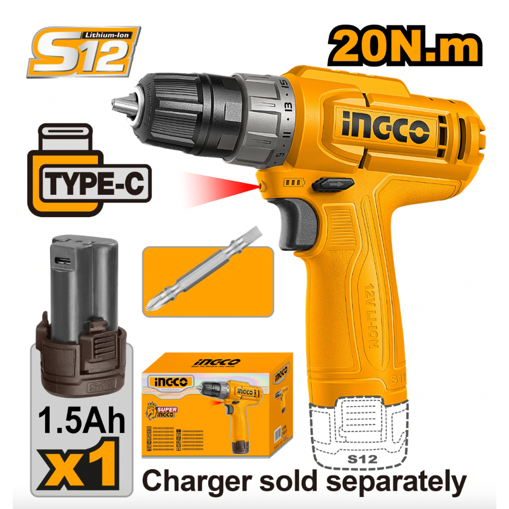 Ingco 12V 20NM Bor Cordless dengan 1 Pcs Paket Baterai 1.5Ah untuk Pengencangan dan Pengeboran - Mod