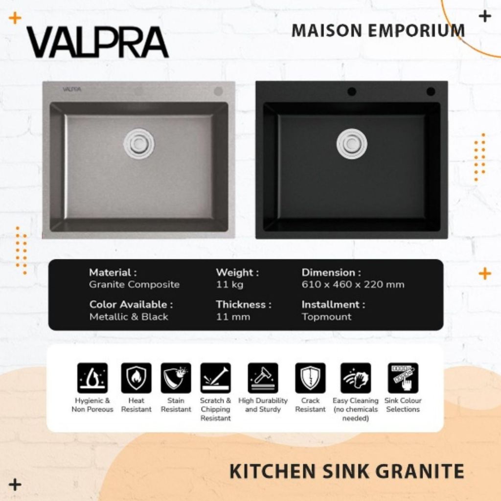 Kitchen Sink Granit Valpra 61x46 / Tempat Cuci Piring Hitam + Keran