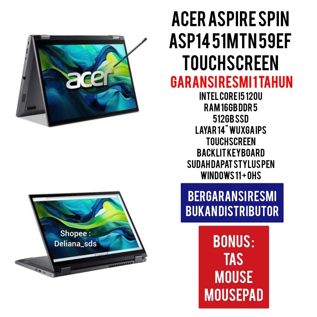 Laptop Acer Aspire Spin ASP14 51MTN 59EF Touchscreen With Stylus Pen Intel I5 120U 16GB /512GB Lapto