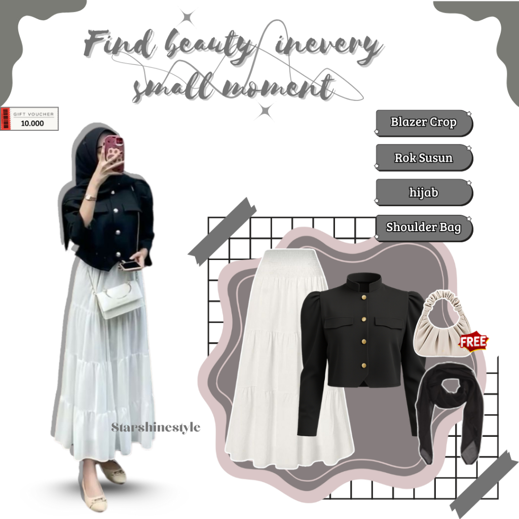 One Set Wanita Kekinian ( Blazer Crop Top, Rok Susun, Hijab Segi Empat, Shoulder Bag ) Outfit korean