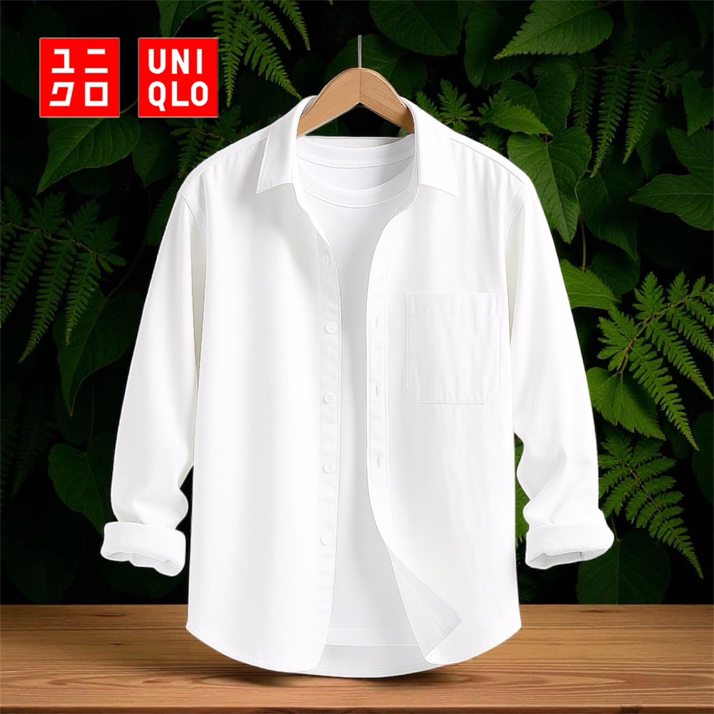 Kemeja putih UNIQLO pria lengan panjang premium