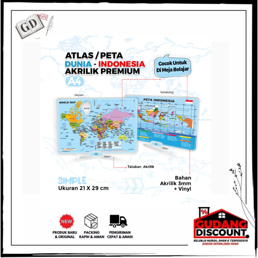 GD Peta - / Atlas / Peta Dunia - Indonesia Bahan Akrilik Premium 3mm + Vinly ( 21 x 29 cm A4 ) & Tat
