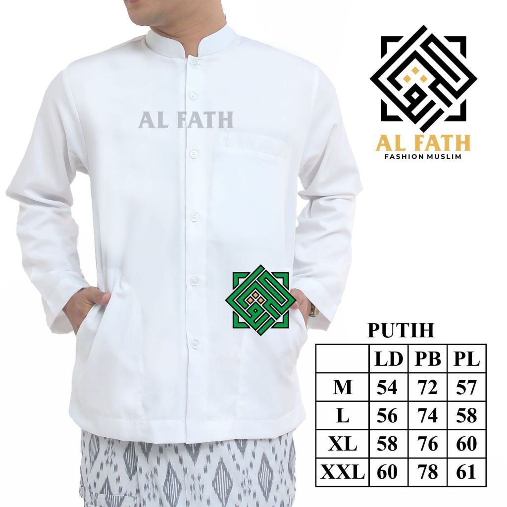 Koko Haibah Putih Polos Saku Samping Pakaian Muslim Pria Lengan Panjang Atasan Habaib Semi Jaz Kerah
