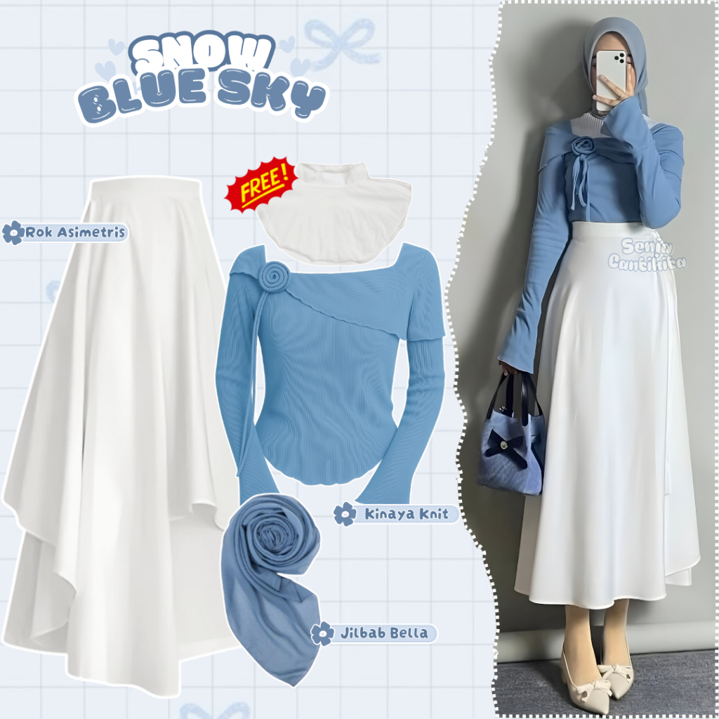Setelan OOTD Ke Pantai (Kinaya Knit Top Rok Asimetris Putih dan Jilbab Denim) Snow Blue Sky - SC066