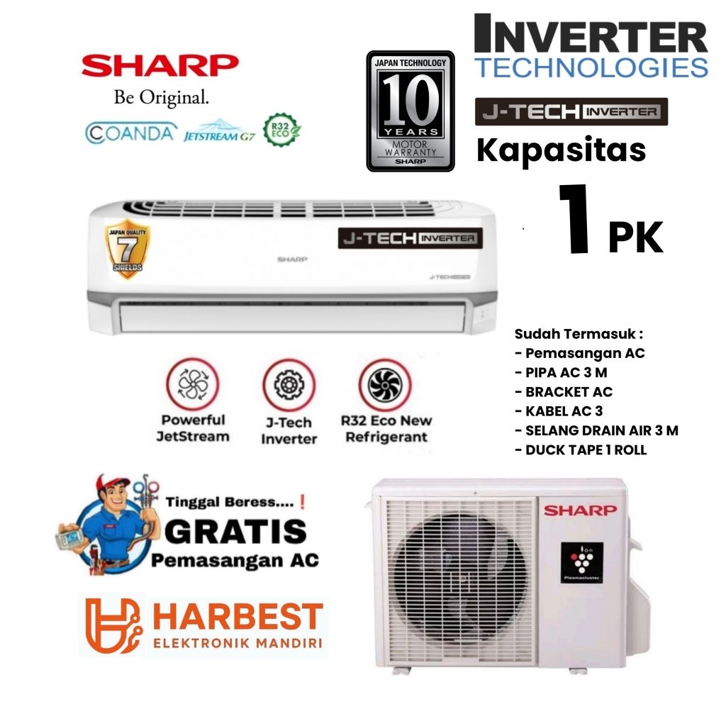 FREE PEMASANGAN SHARP AC Split J-TECH INVERTER 1 PK Turbo Cooling AH-X10BEY Ion PlasmaCluster R32 JE