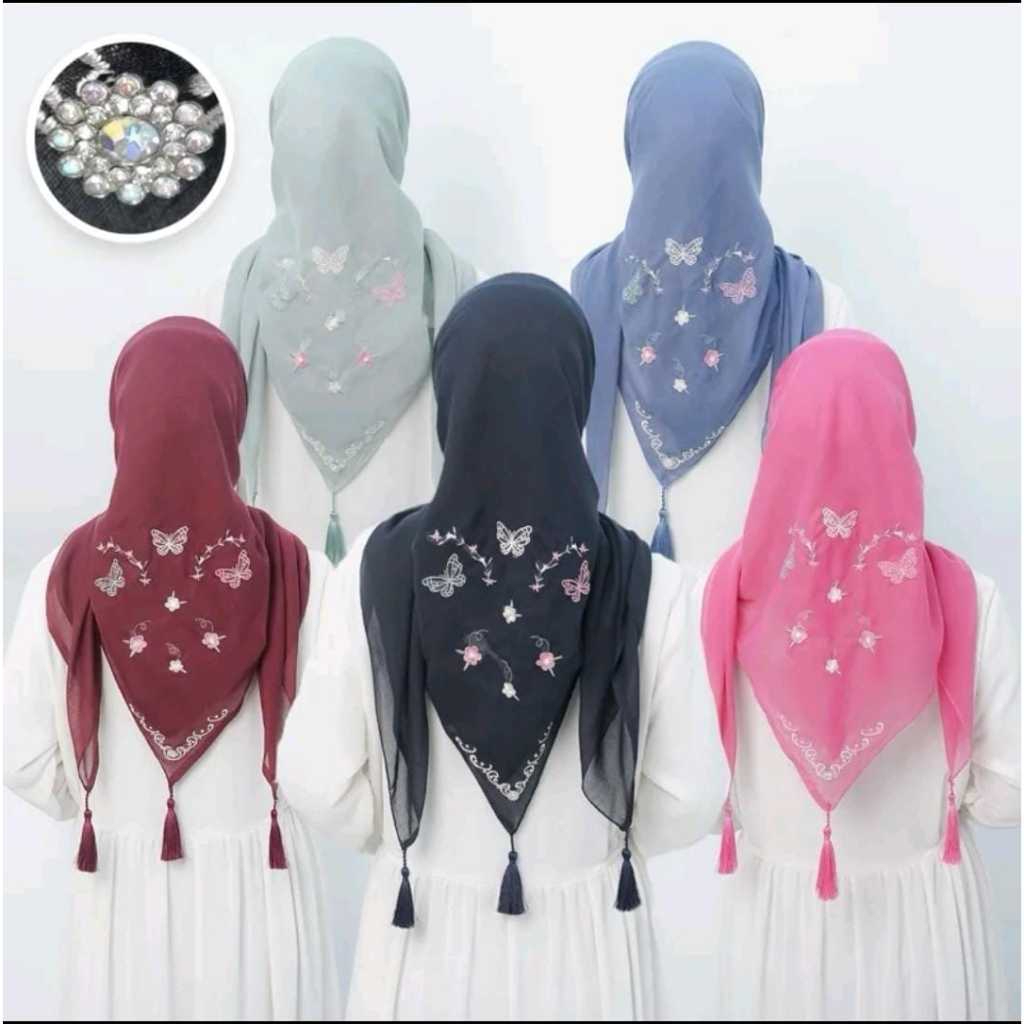 Hijab Segi Empat Tassel Bordir Motif Kupu-Kupu | Hijab Paris Sulam Bordir Butterfly