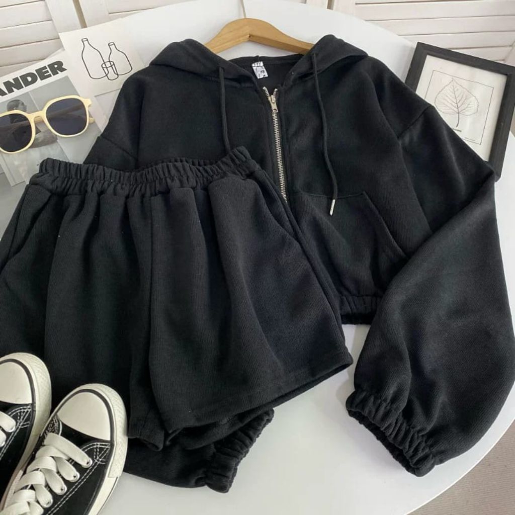 SETELAN JAKET CROPE CELANA PENDEK | ZERO ONE SET | SETELAN WANITA