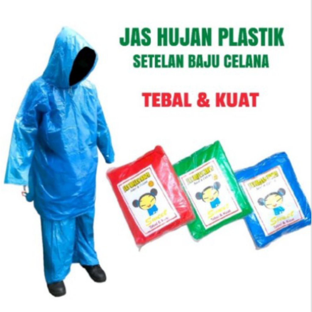 jas hujan plastik setelan /jas hujan setelan baju dan celana pria dan wanita dewasa- biru unisex
