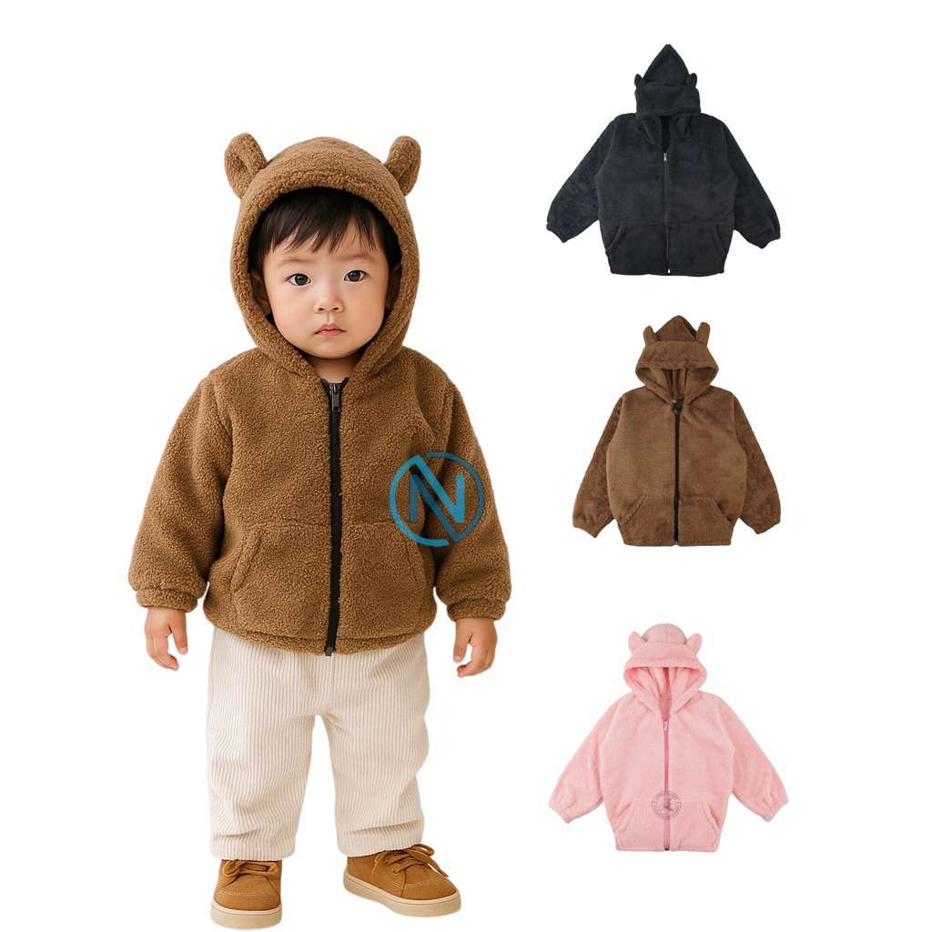 Jaket Anak Bulu Sherpa Kupluk Kuping Beruang / Jaket Anak Unisex Bulu Sherpa Kuping Beruang