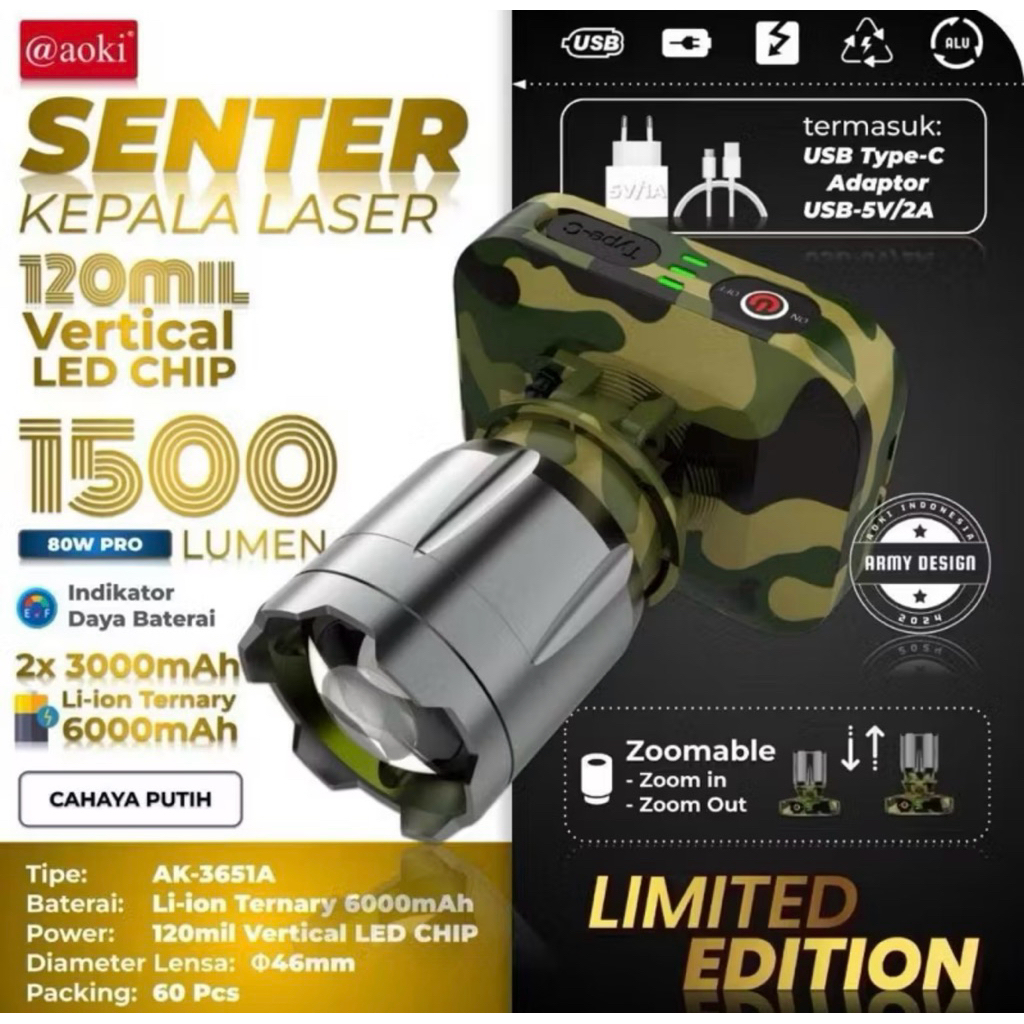 AOKI 3561 Senter Kepala  Led Zoom Laser 80Watt 1500 Lumen AOKI AK-3651A / AK-3651K Army