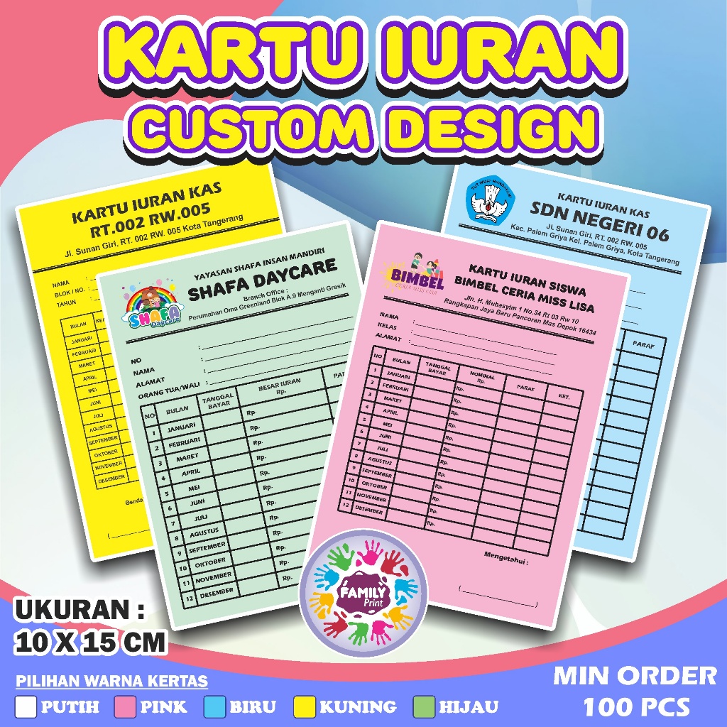 KARTU IURAN ( CUSTOM ) KARTU IURAN RT WARGA / KARTU SPP / KARTU INFAQ / KARTU BAYARAN LES SEKOLAH